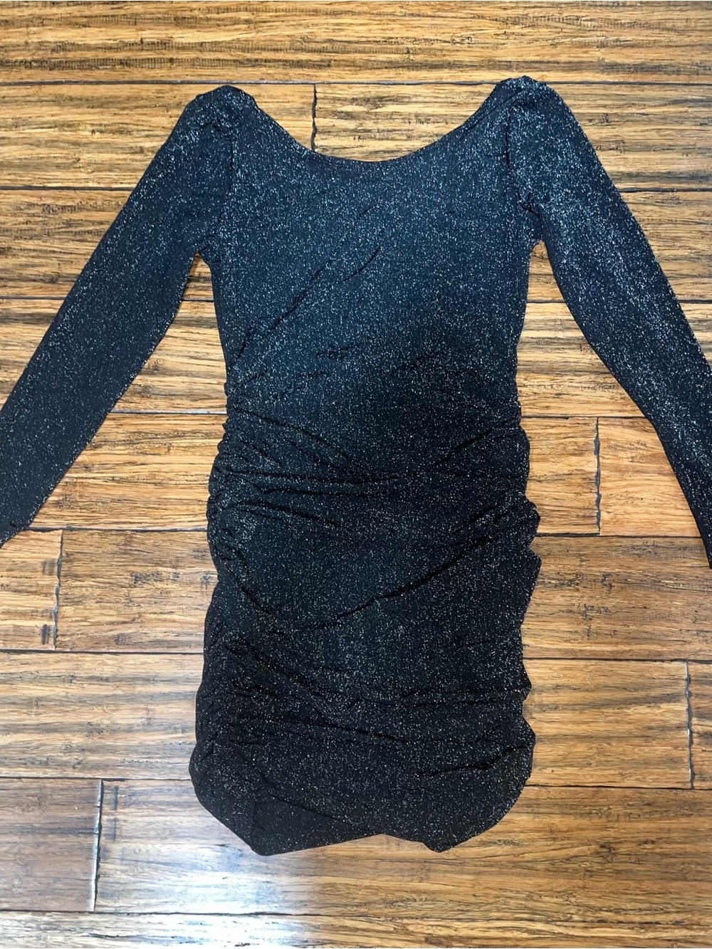 Women’s Black Sparkle Long-Sleeve Ruched Open Back Chain Dress